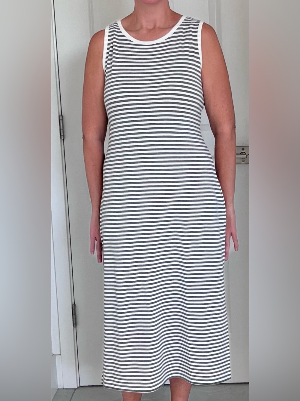 BB Dakota by Steve Madden Sleeveless Striped Maxi Dress in Gray and White